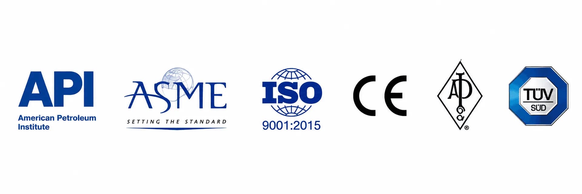 Our certifications — API, ASME, ISO 9001:2015, CE, ANSI, TÜV SÜD
